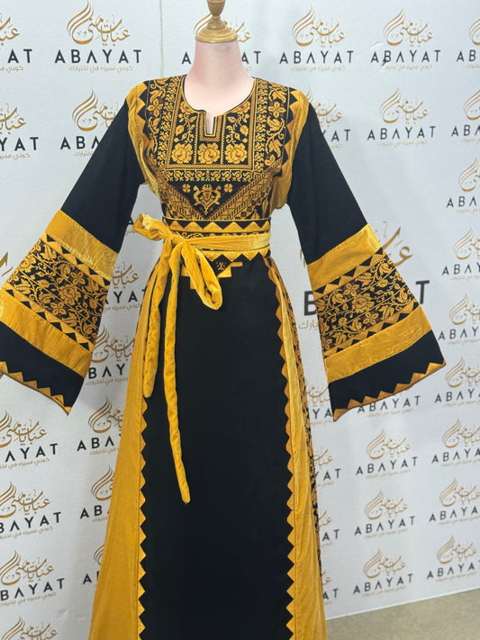 Black & Mustard Palestinian Thobe – Mixed Velvet and Fabric Design