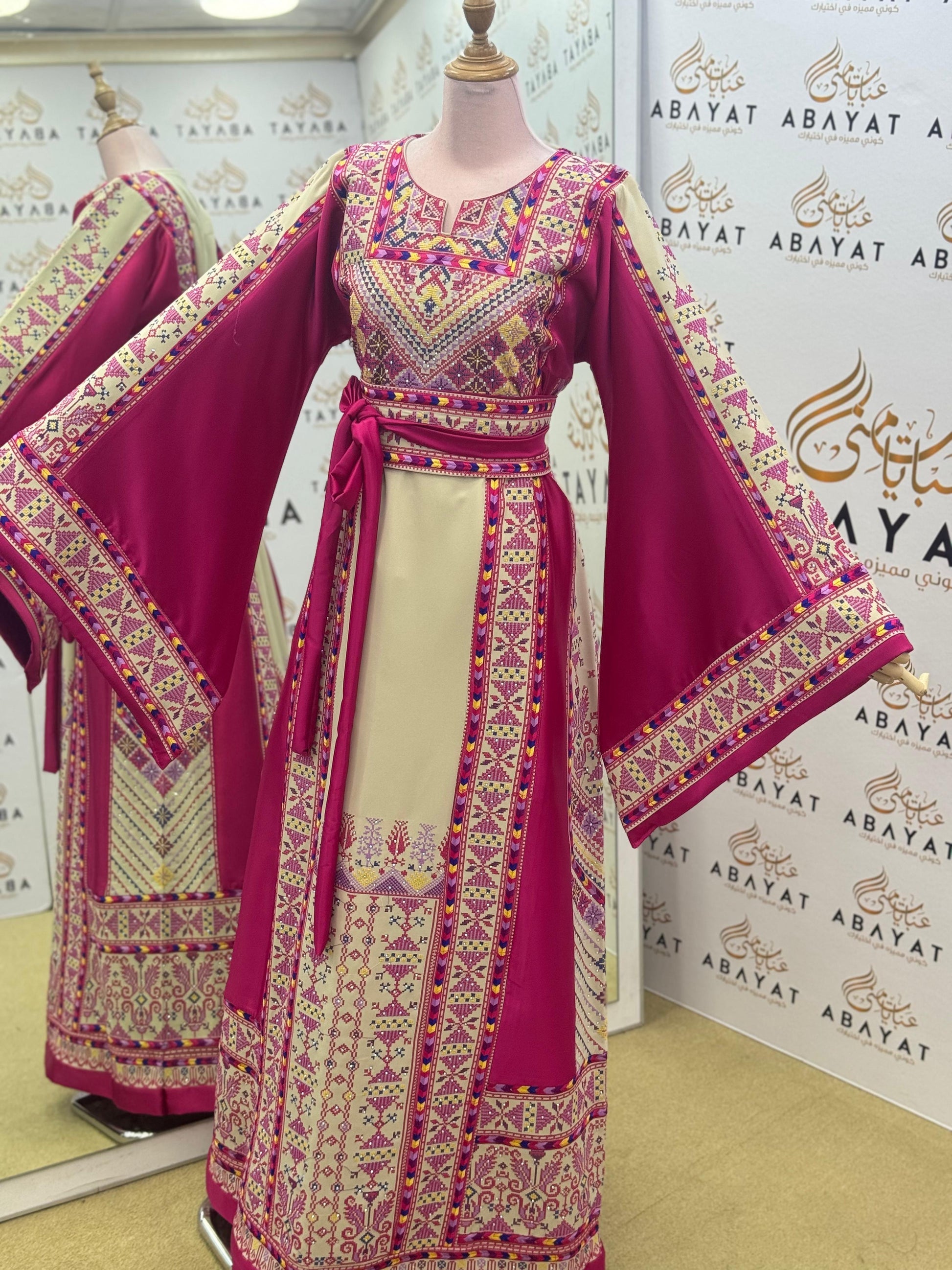 Palestinian Heritage Embroidered Thobe – Magenta & Ivory