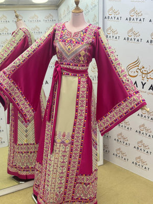 Palestinian Heritage Embroidered Thobe – Magenta & Ivory