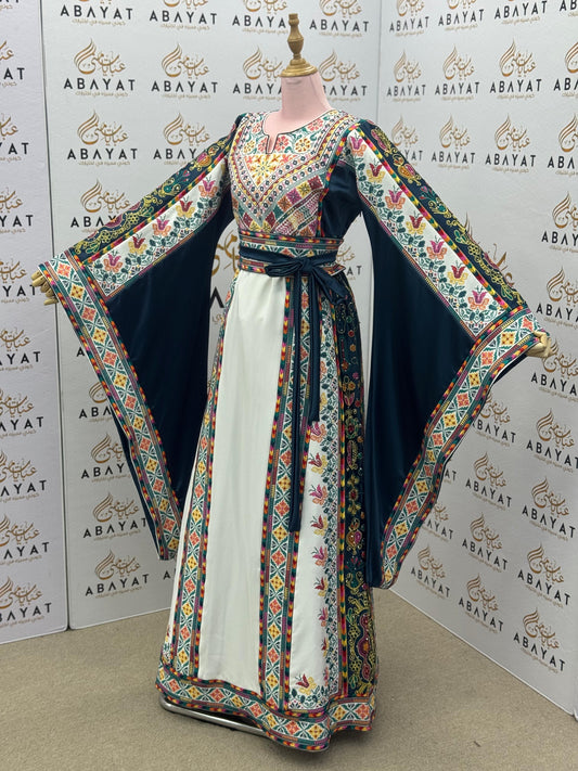 Teal & Ivory Palestinian Embroidered Thobe – Colorful Tatreez Heritage Dress A09042025
