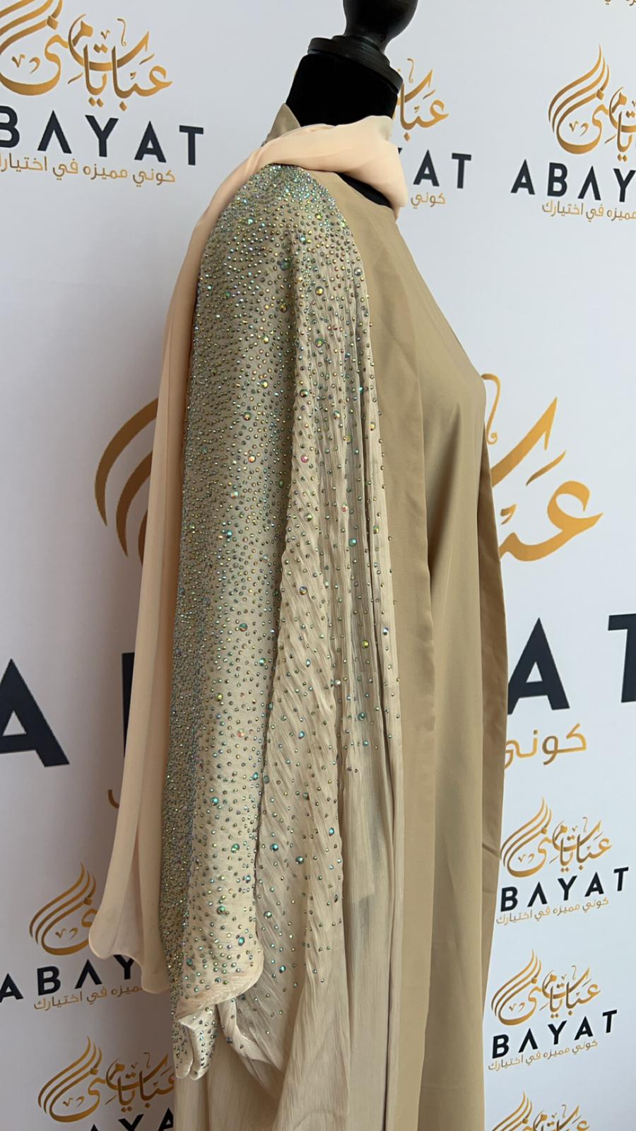 Elegant Beige Sparkled Abaya Set with Coordinating Hijab#8097628