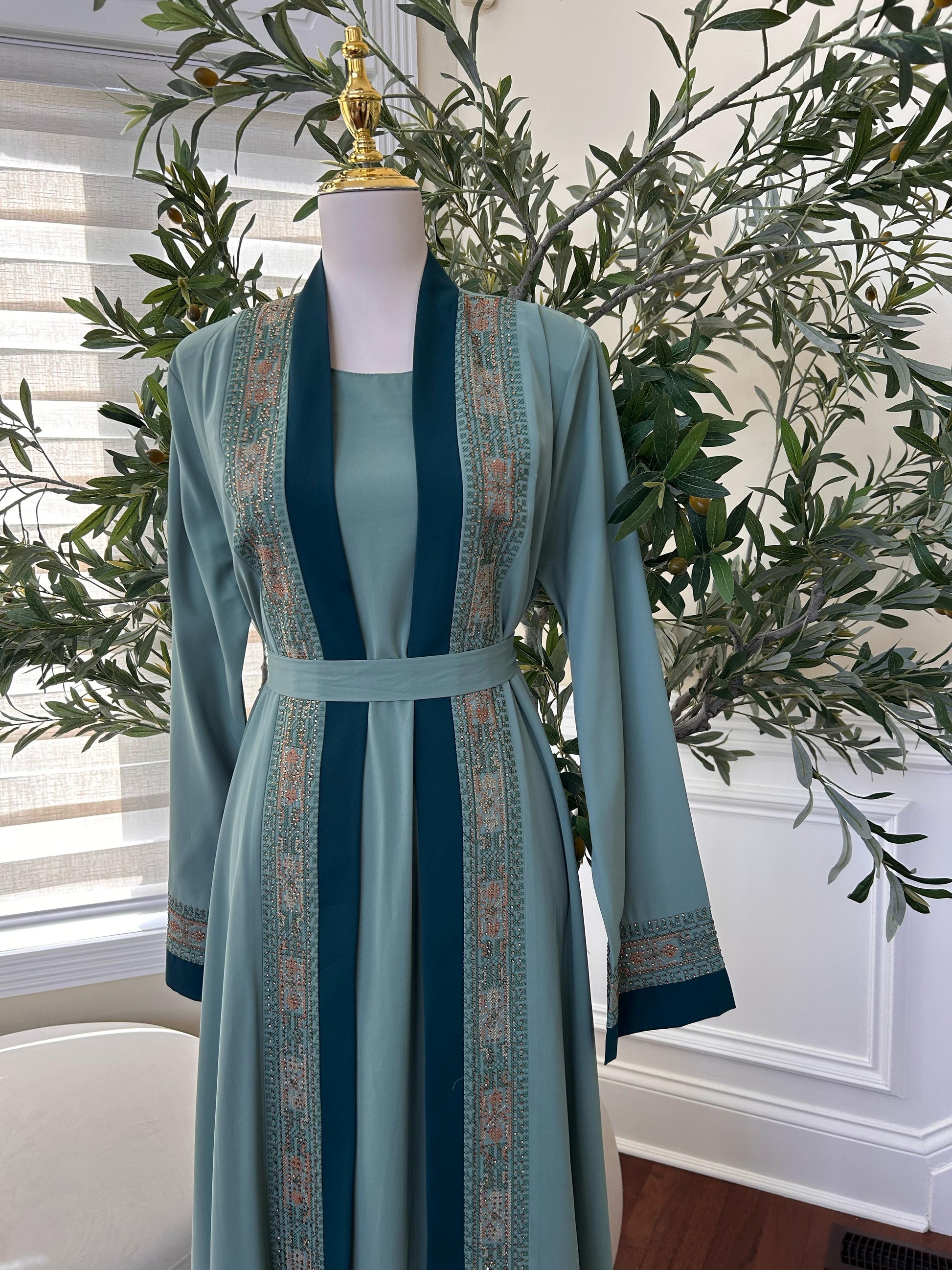 Teal Harmony Two Piece Tatreez Beaded Abaya