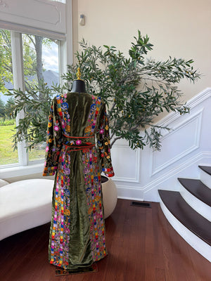 Elegant Olive Green Velvet Thobe with Vibrant Floral Embroidery