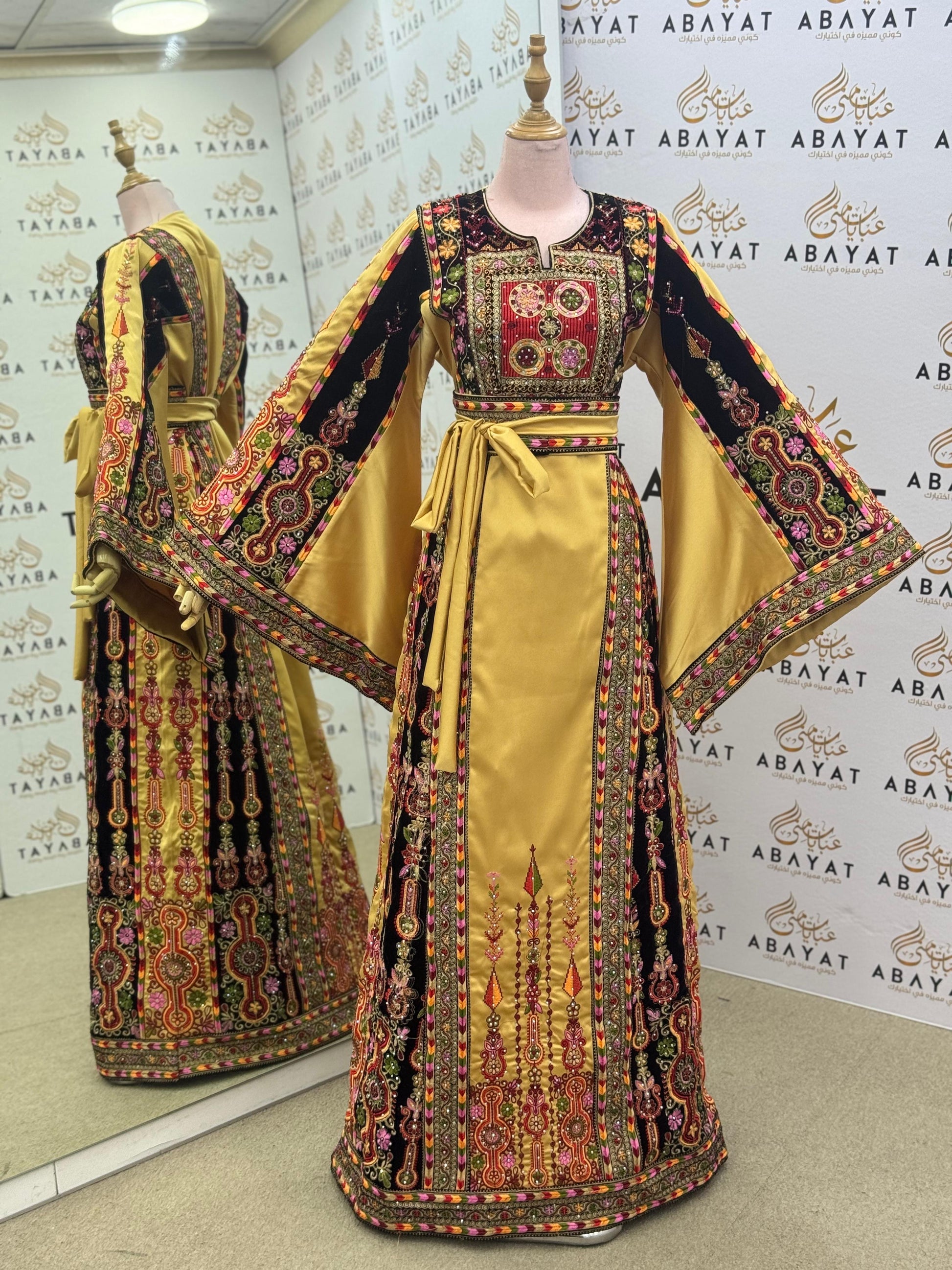 Premium Palestinian Malakah Thobe – Gold Satin & Black Velvet Embroidery