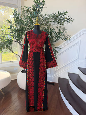 Elegant Black & Red embroidered Palestinian Thobe Dress