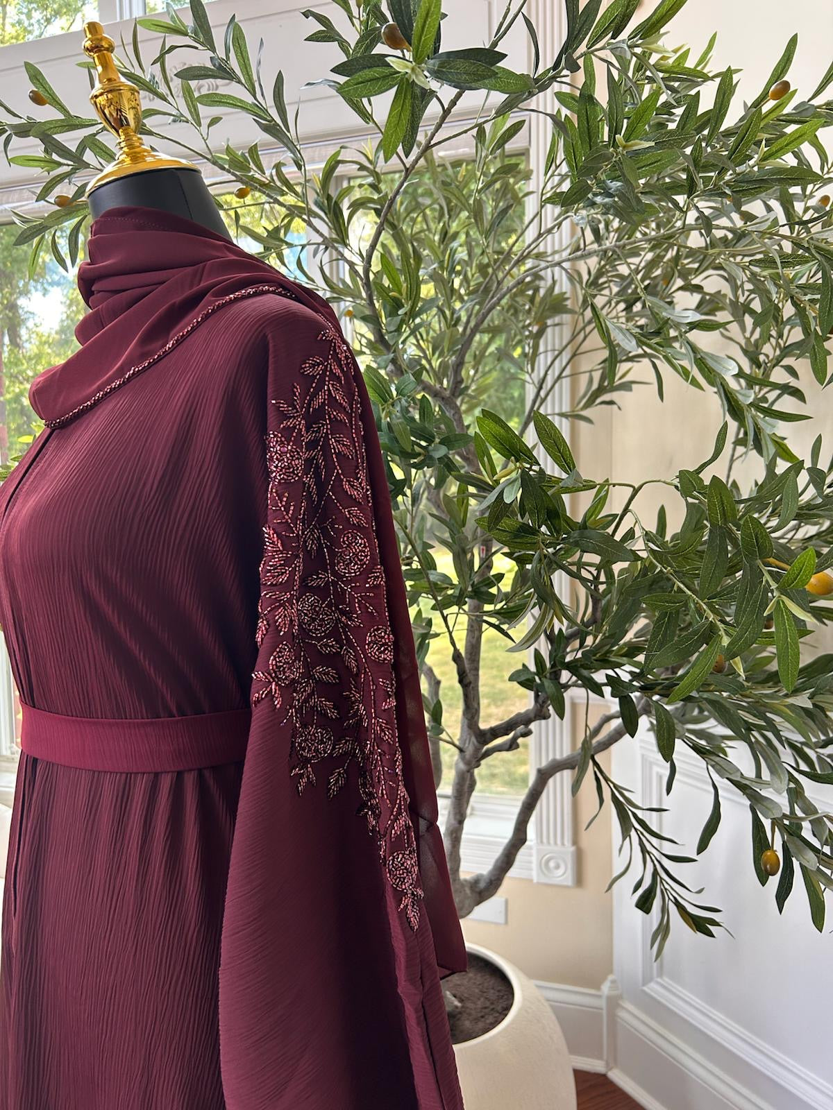 Floral Burgundy Sleeve Charm Abaya