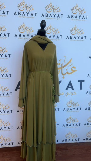 Green Open Ruffled Stone Abaya