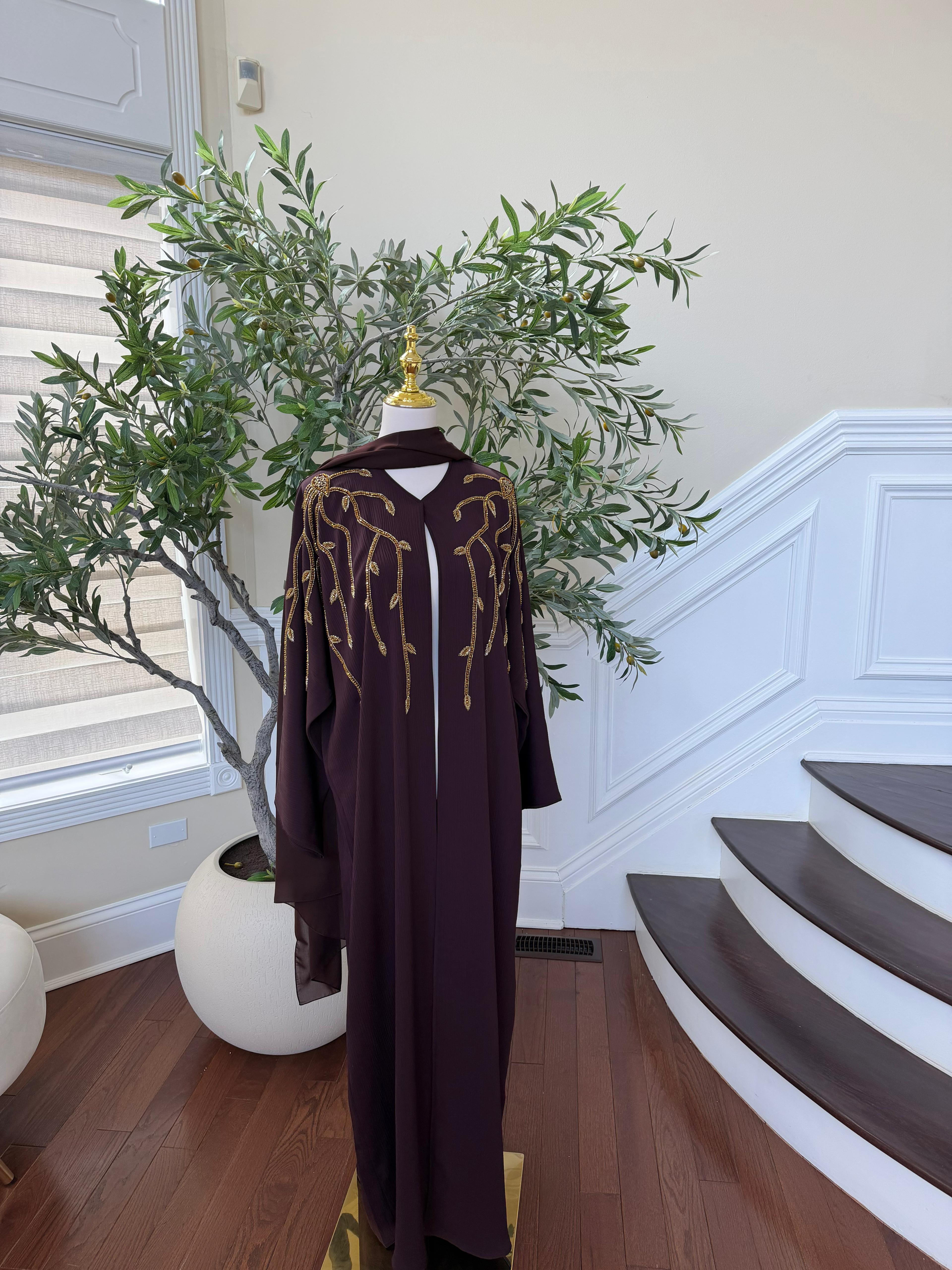 Deep Purple Golden Detail Open Abaya