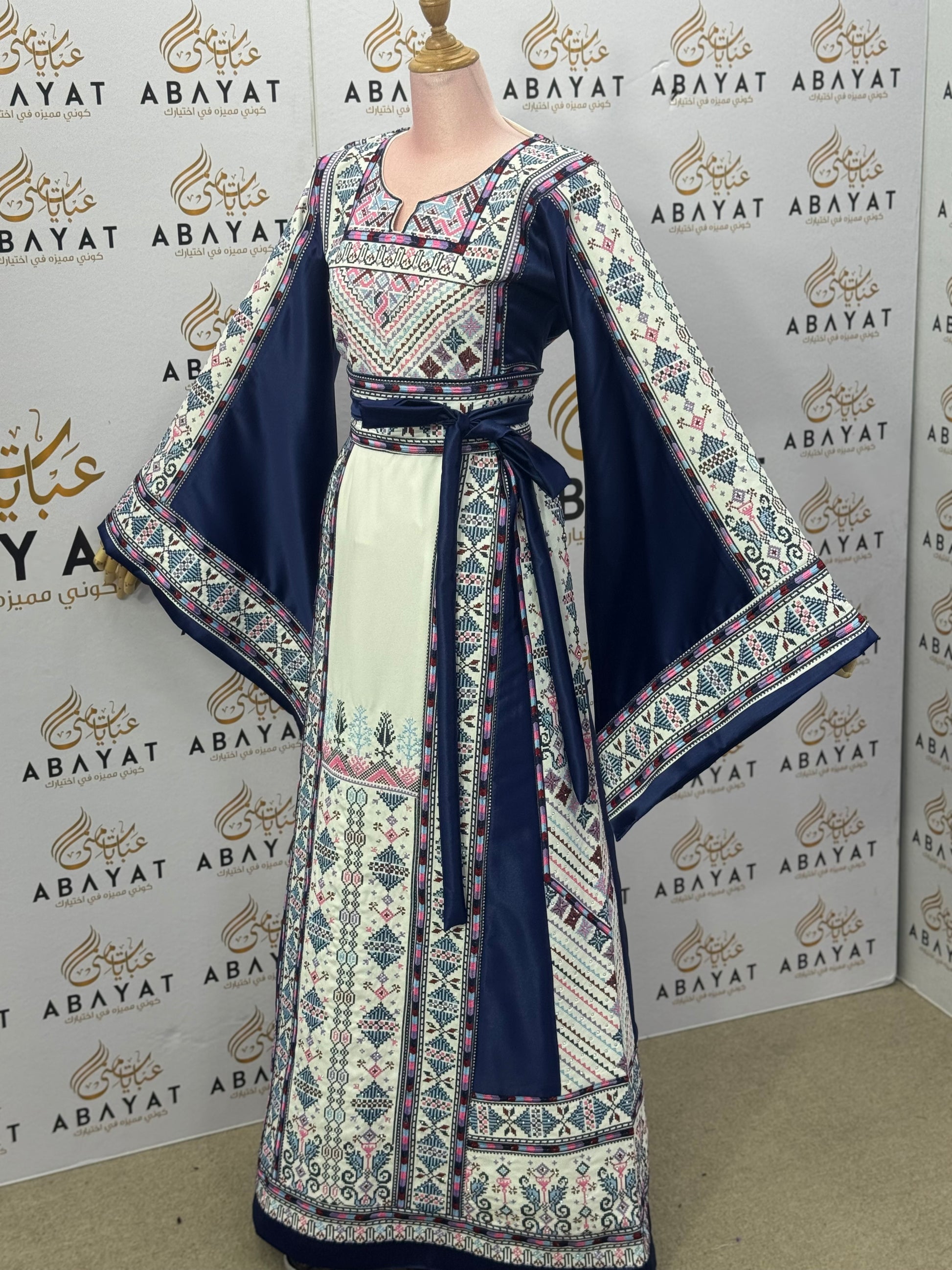 Navy & Ivory Palestinian Thobe – Mixed Fabric with Traditional Tatreez