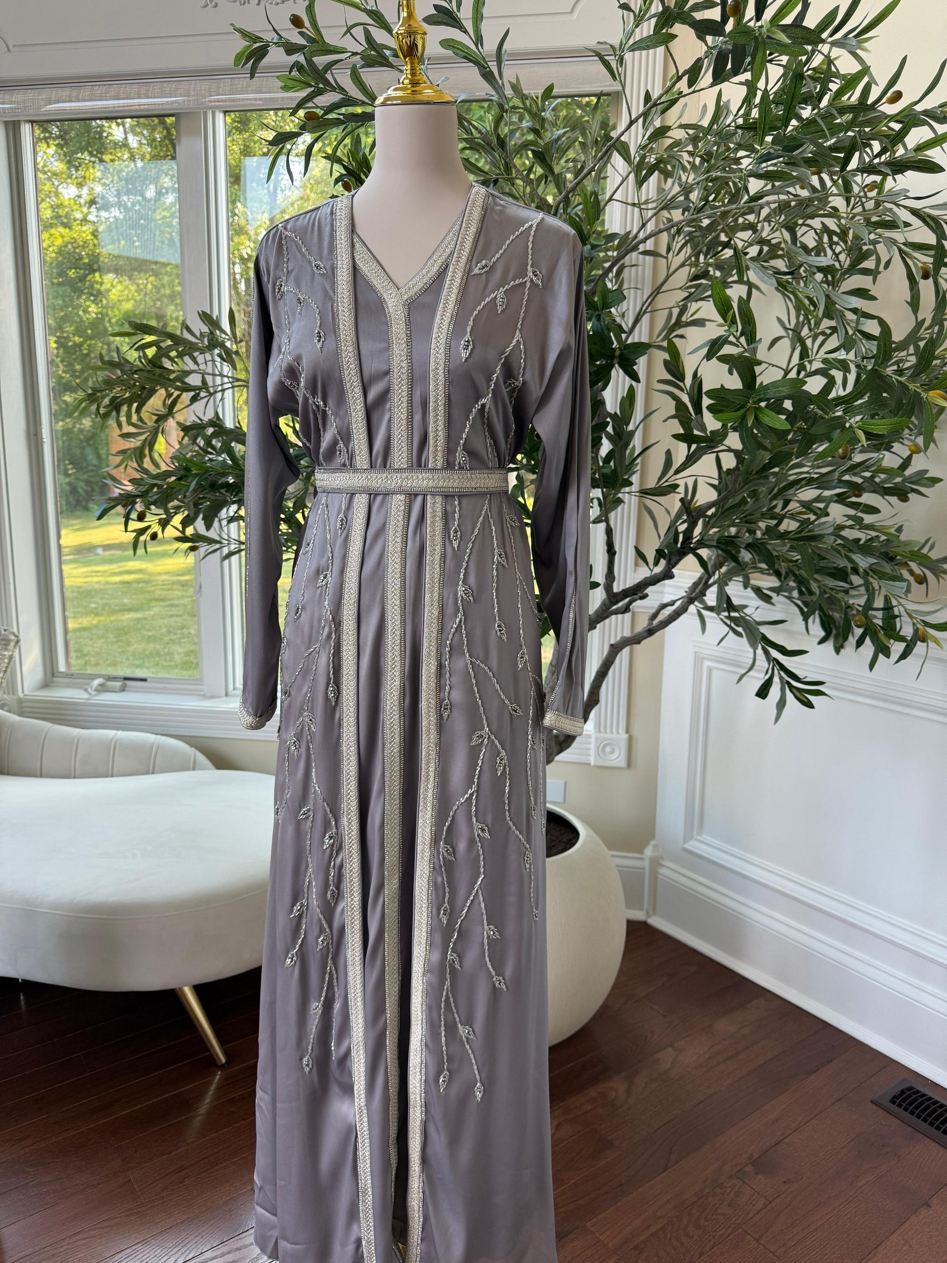Grey Floral Two Piece Kuftan