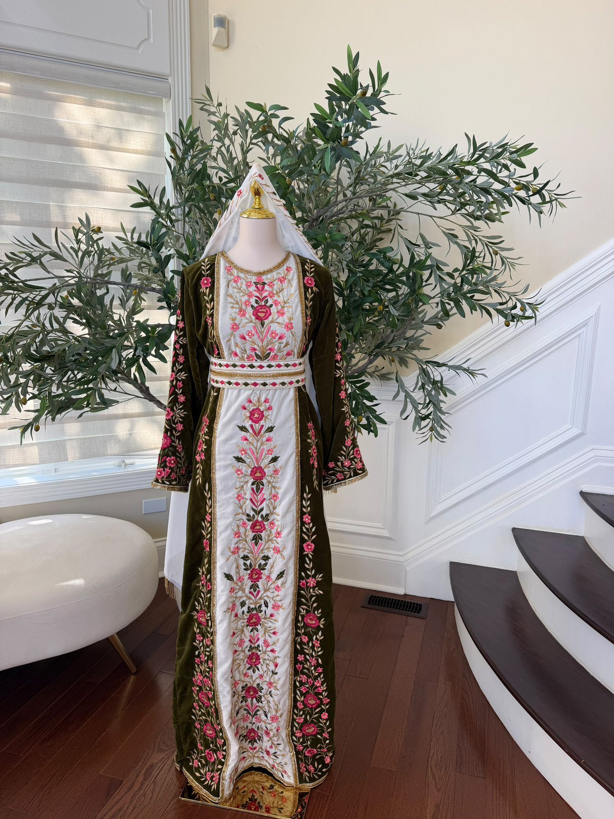 Elegant Olive Green Velvet Thobe with Pink Floral Embroidery(scarf not included)