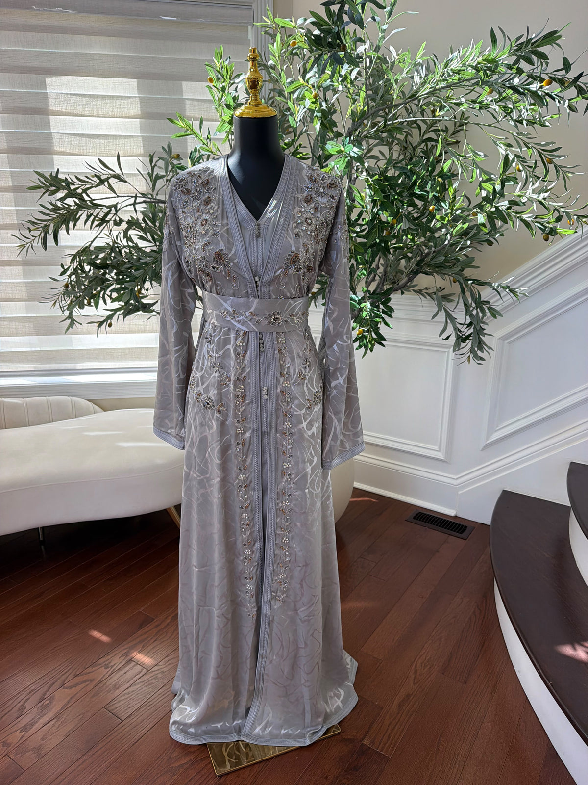 Elegant Silver Gray Embroidered Moroccan Kaftan