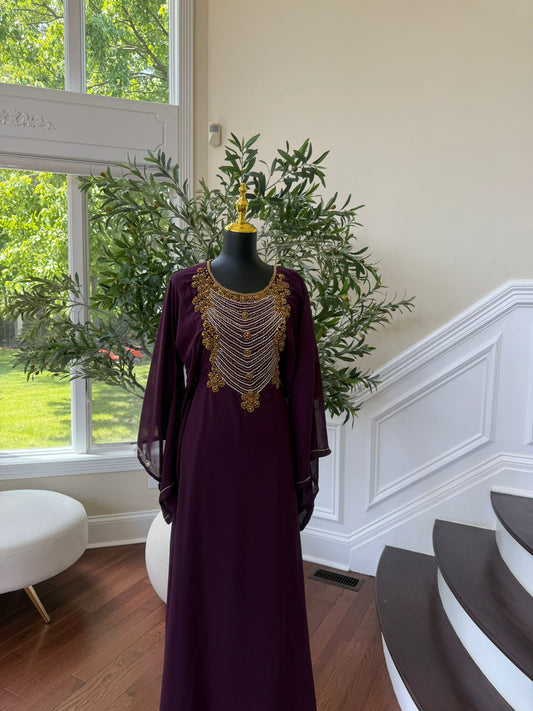 Elegant Blackberry Beaded Kuftan Maxi Dress