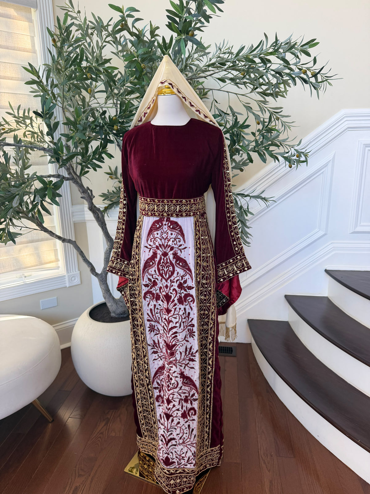 Elegant Burgundy Velvet Palestinian Thobe with Gold Embroidery