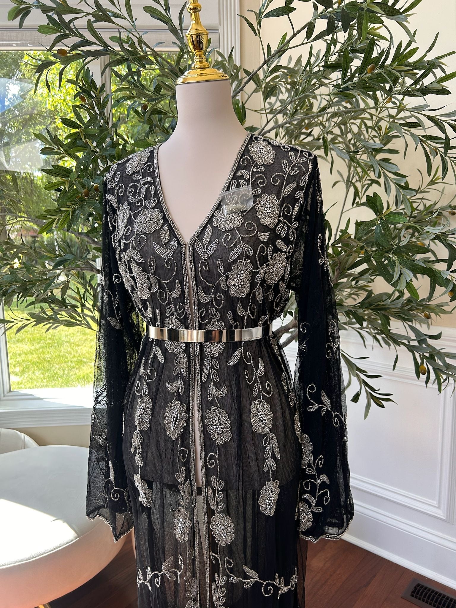 Black Silver Floral Beaded Stone Cardigan Abaya