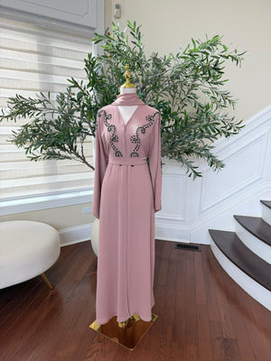 Peach Essence Black Beaded Abaya