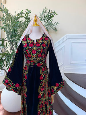 Velvet Blue Floral Embroidered Tatreez Thobe