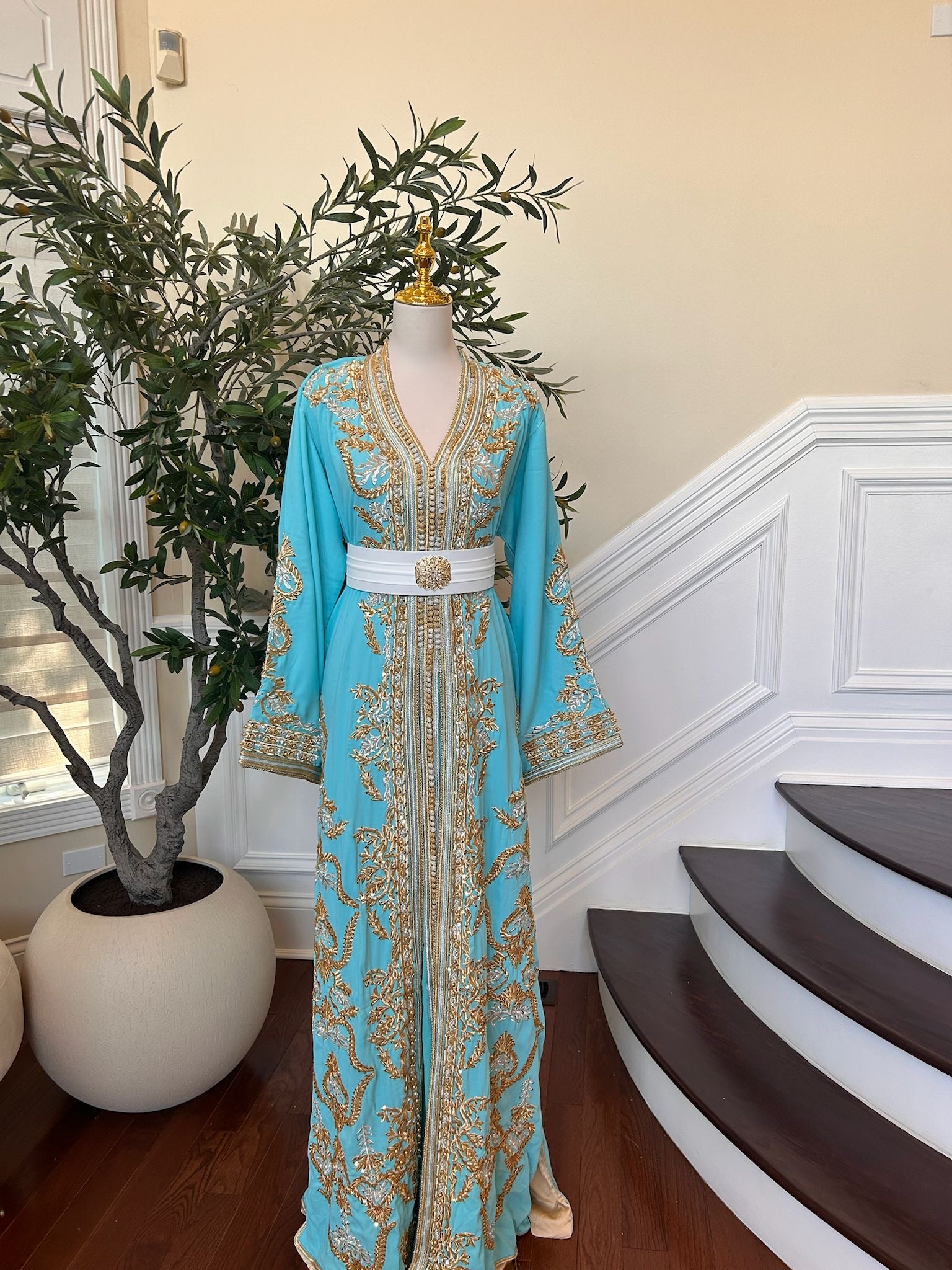 Mint Blue Golden Charm Detail Kuftan