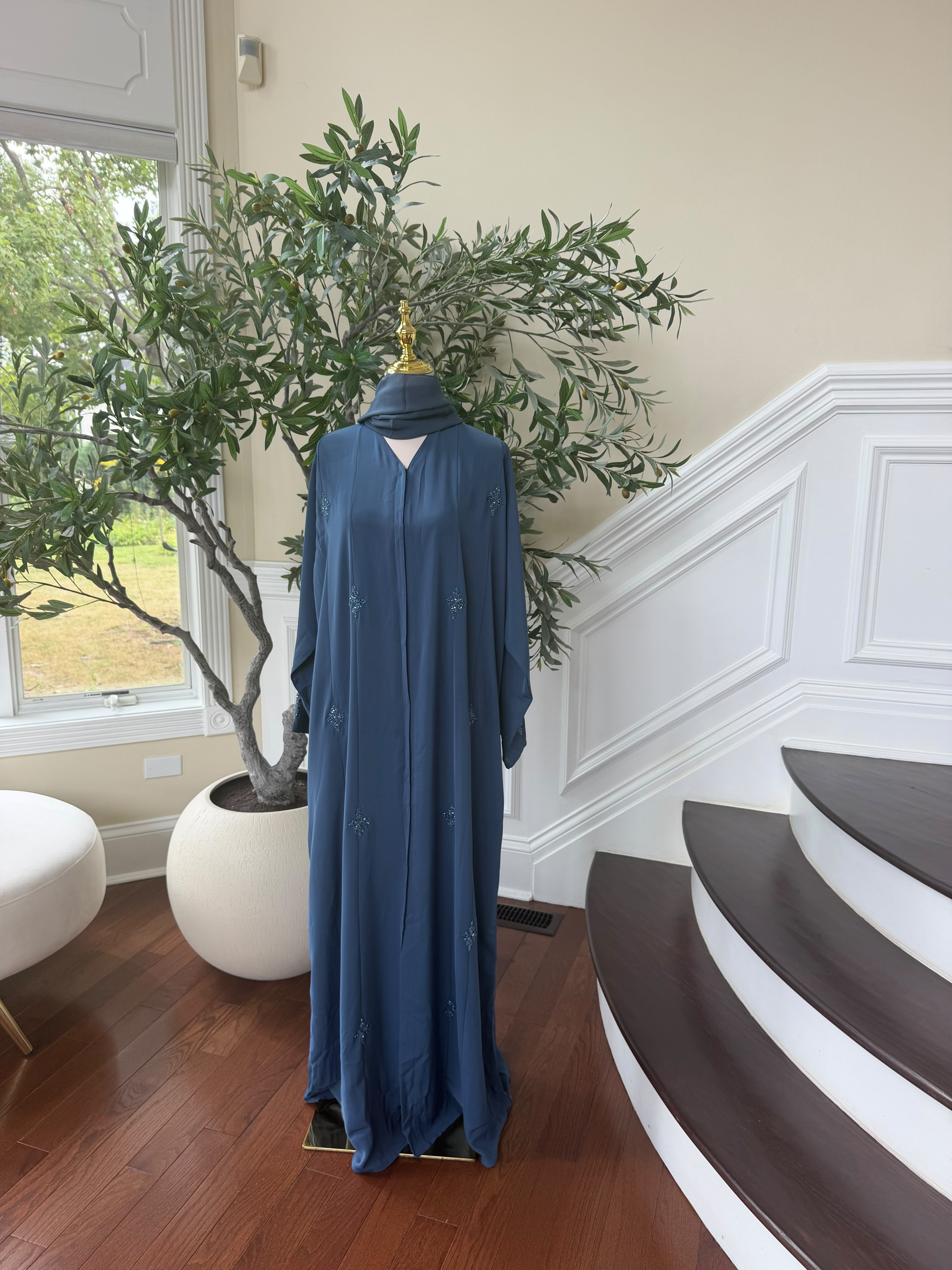 Blue Beaded Nada Fabric Charm Abaya