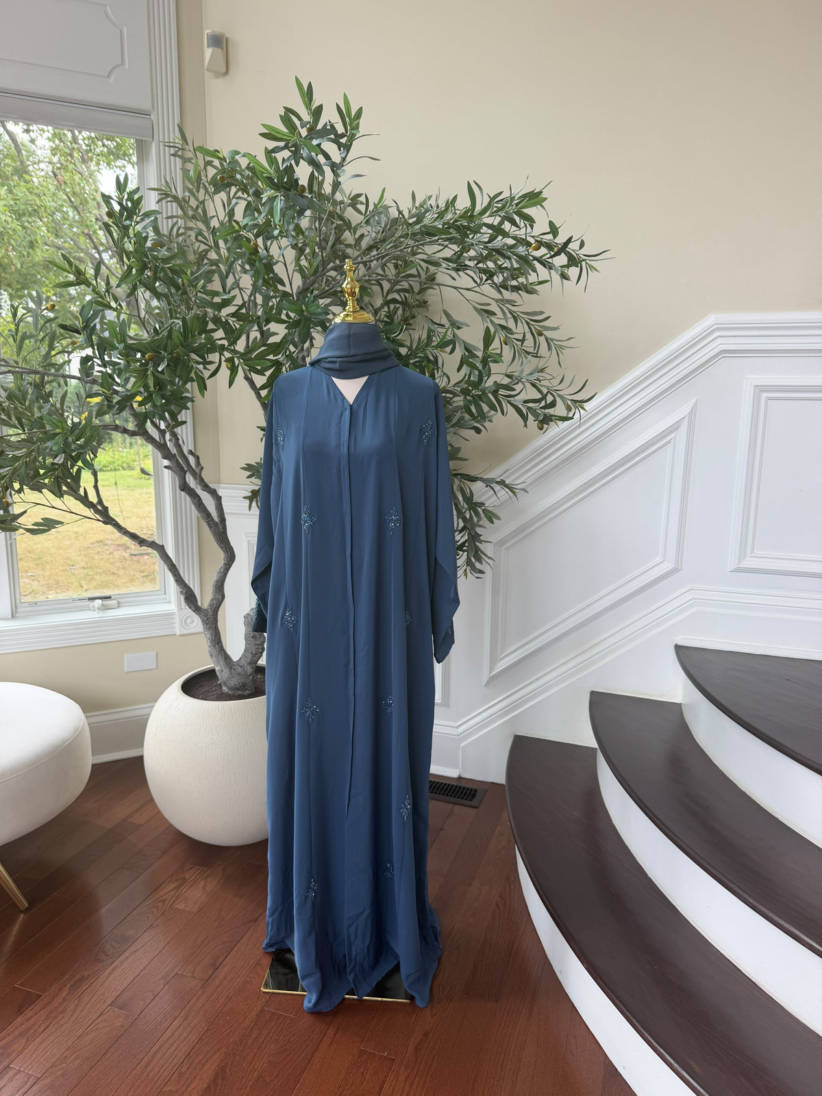 Blue Beaded Nada Fabric Charm Abaya