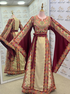 Maroon & Cream Palestinian Embroidered Thobe – Elegant Tatreez A09042025