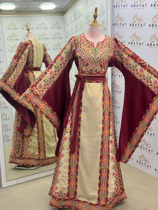Maroon & Cream Palestinian Embroidered Thobe – Elegant Tatreez A09042025