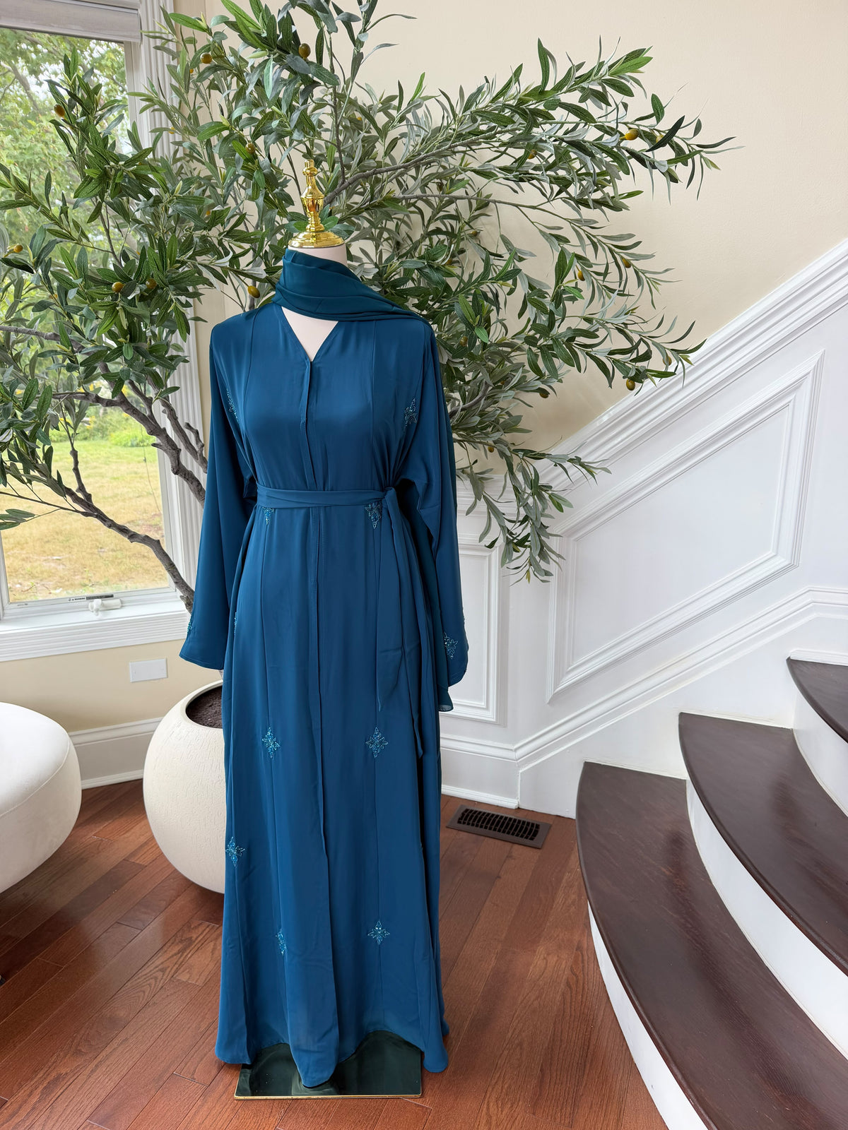 Turquoise Nada Fabric Charm Beaded Elegance Abaya
