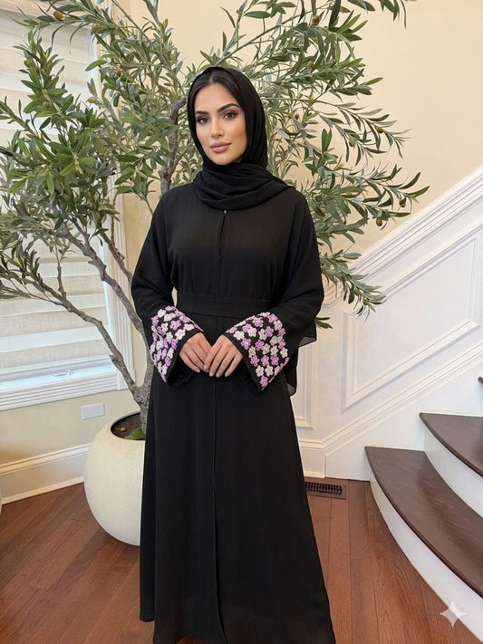 Black Rose Sleeve Beaded Abaya
