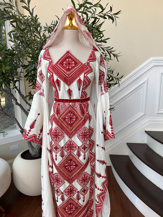 White Elegance Red Tatreez Thobe Dress / Khirka Shal included
