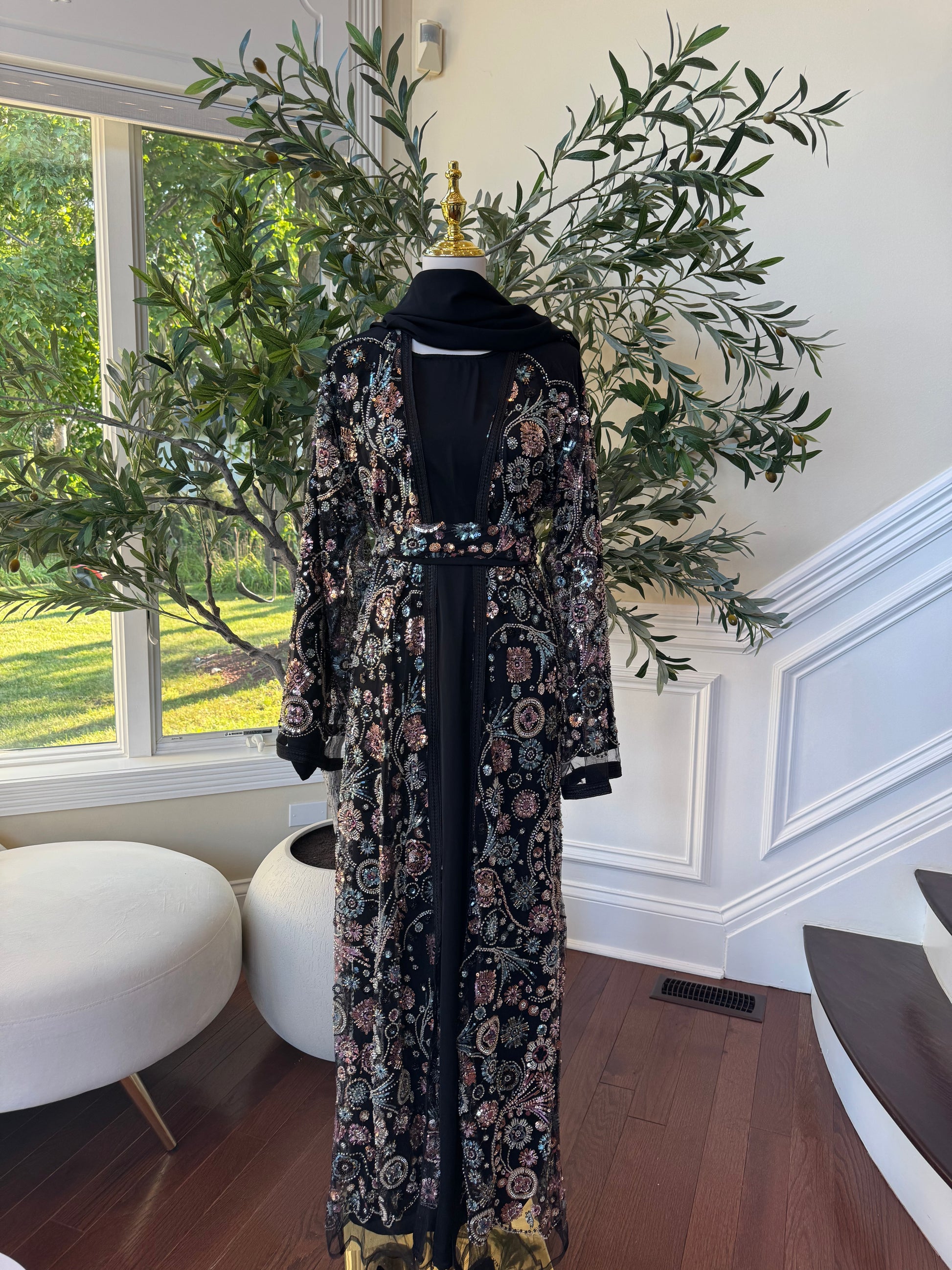Black Diamond Sequin Floral Abaya