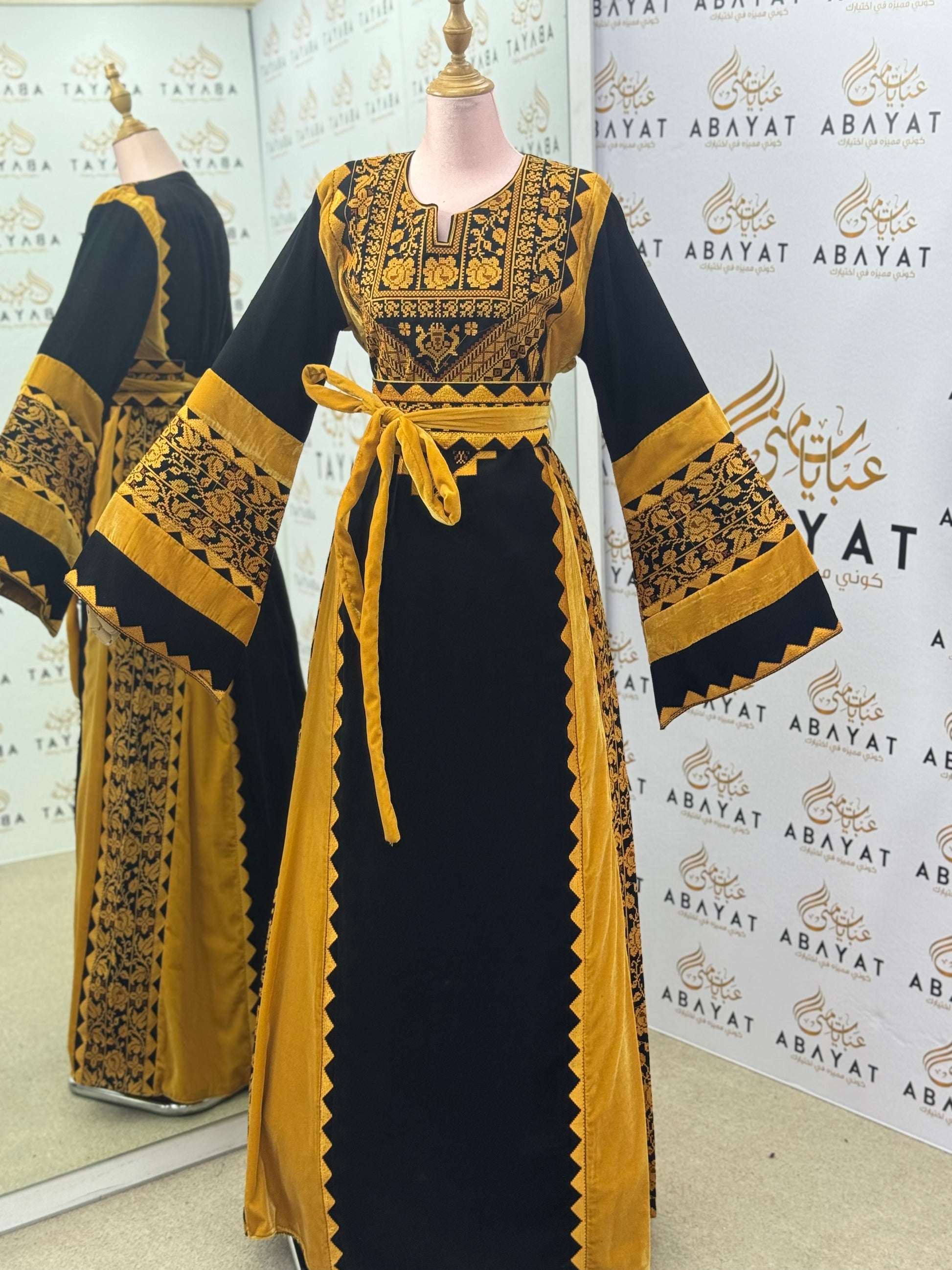 Black & Mustard Palestinian Thobe – Mixed Velvet and Fabric Design