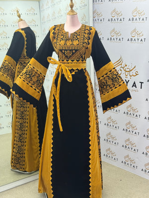 Black & Mustard Palestinian Thobe – Mixed Velvet and Fabric Design
