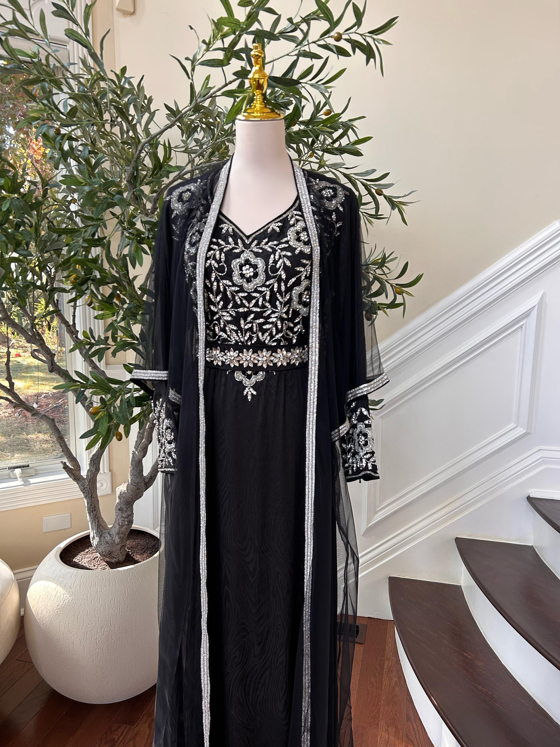 Black Silver Stone Beaded Kuftan