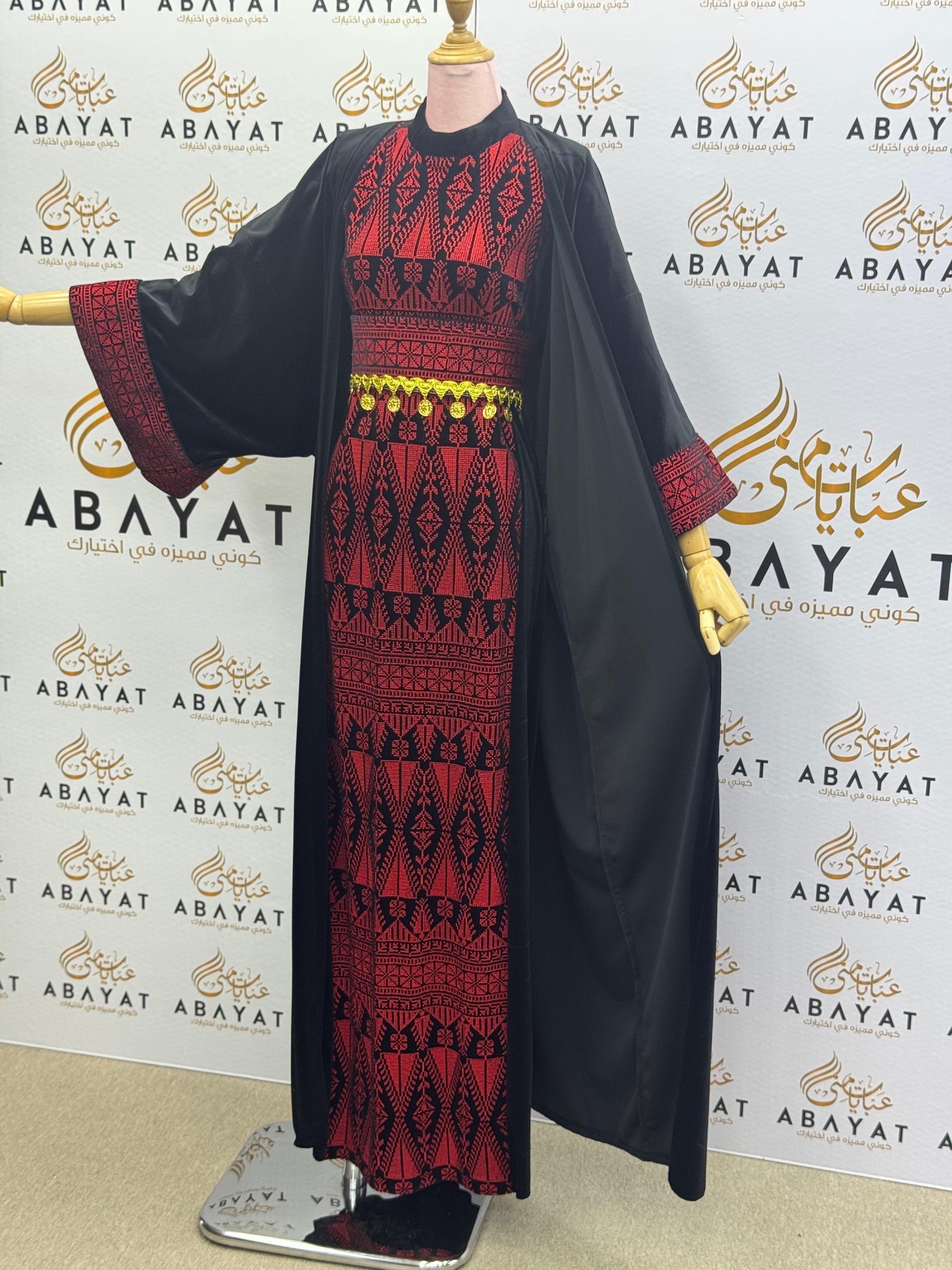 Black & Red Palestinian Thobe with Traditional Tatreez Embroidery and Open Abaya A1968