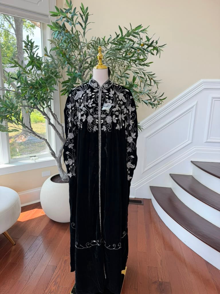 Velvet Black Beaded Elegance Cardigan Abaya