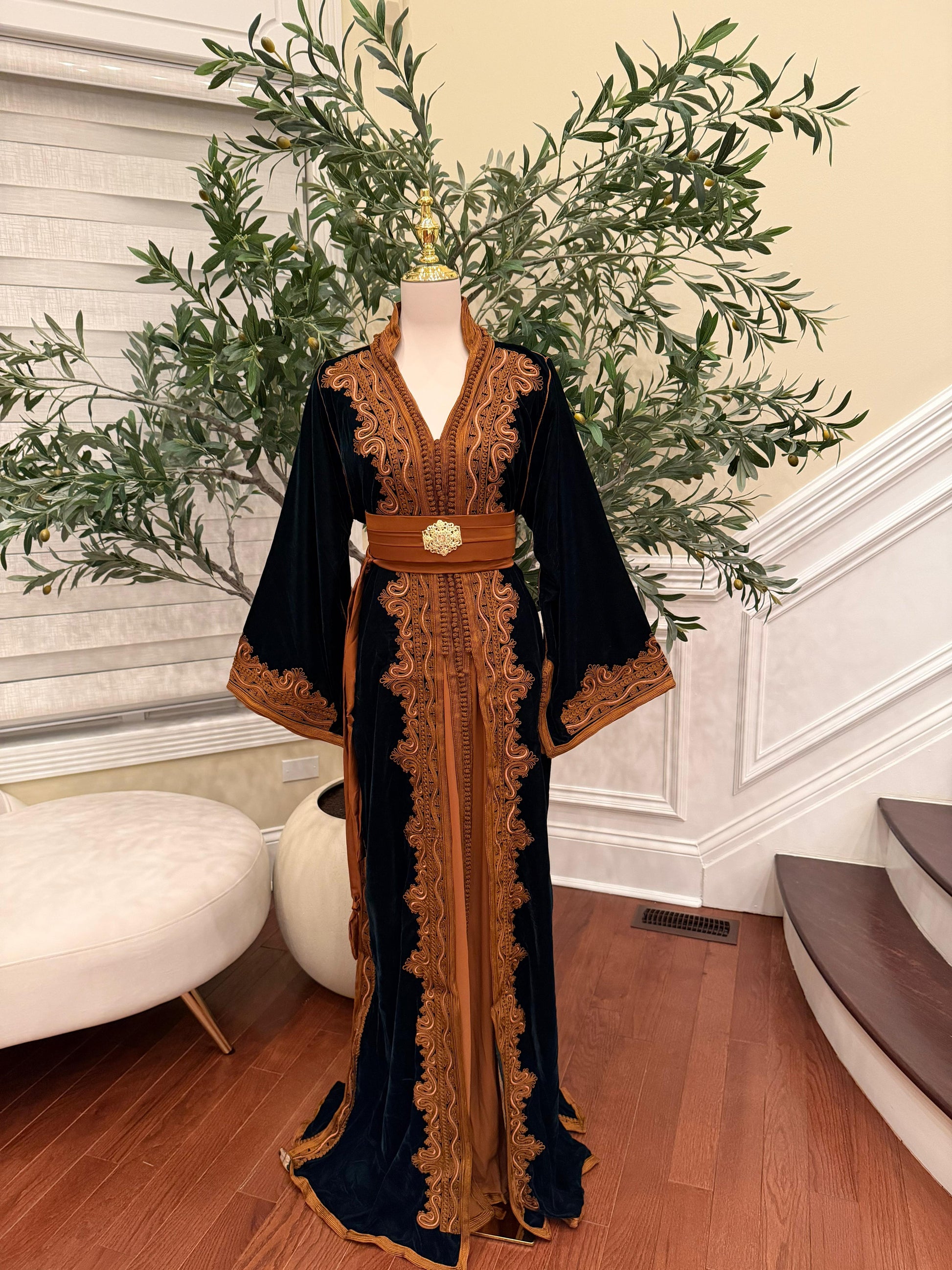 Forest Emerald Green Whisper Velvet Kuftan Brown Embroidery