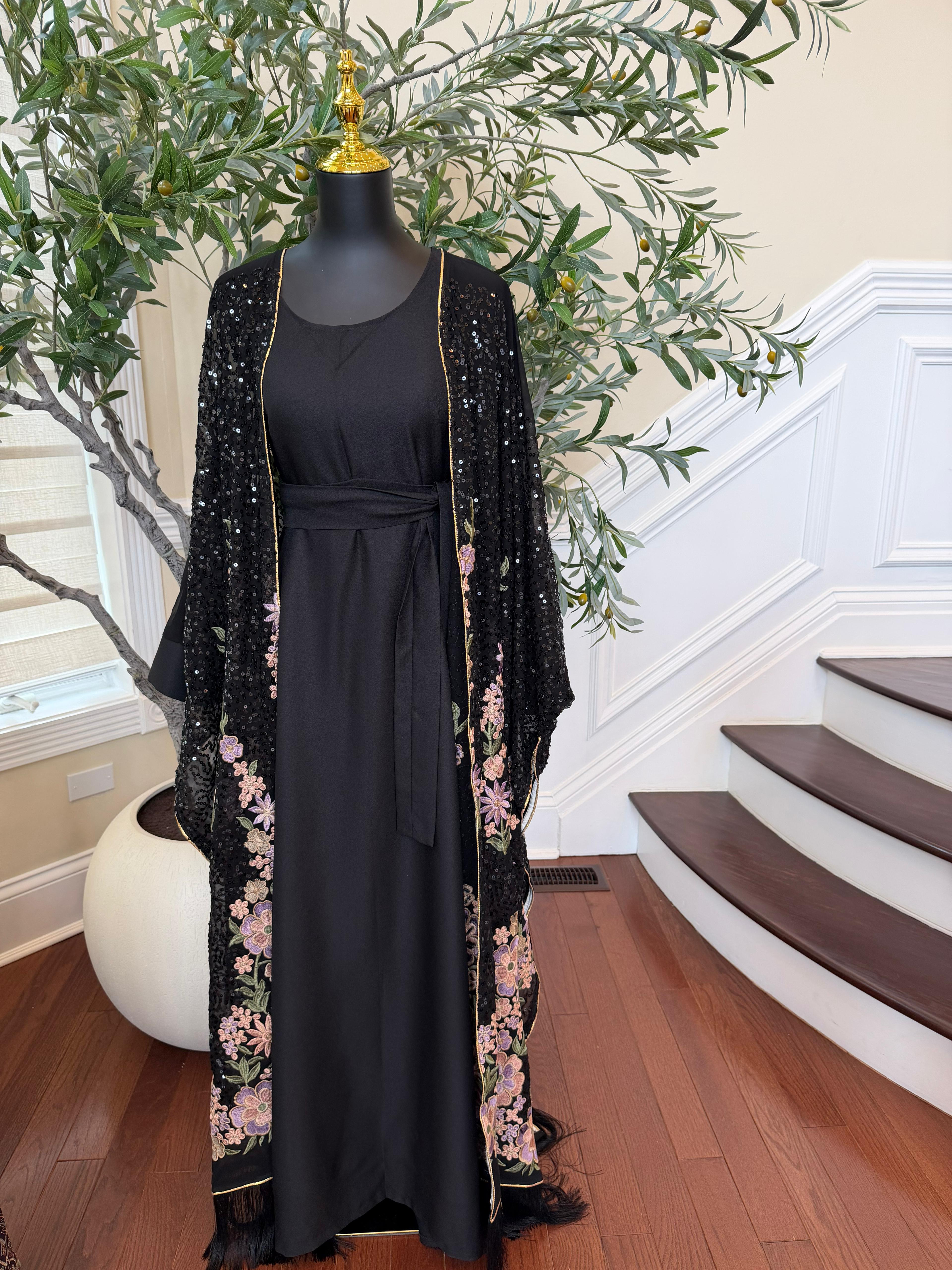 Black Sparkle Floral Abaya
