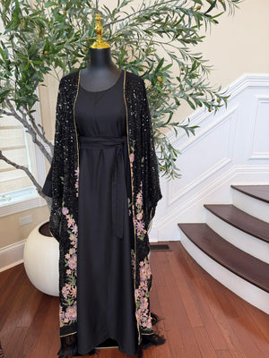 Black Sparkle Floral Abaya