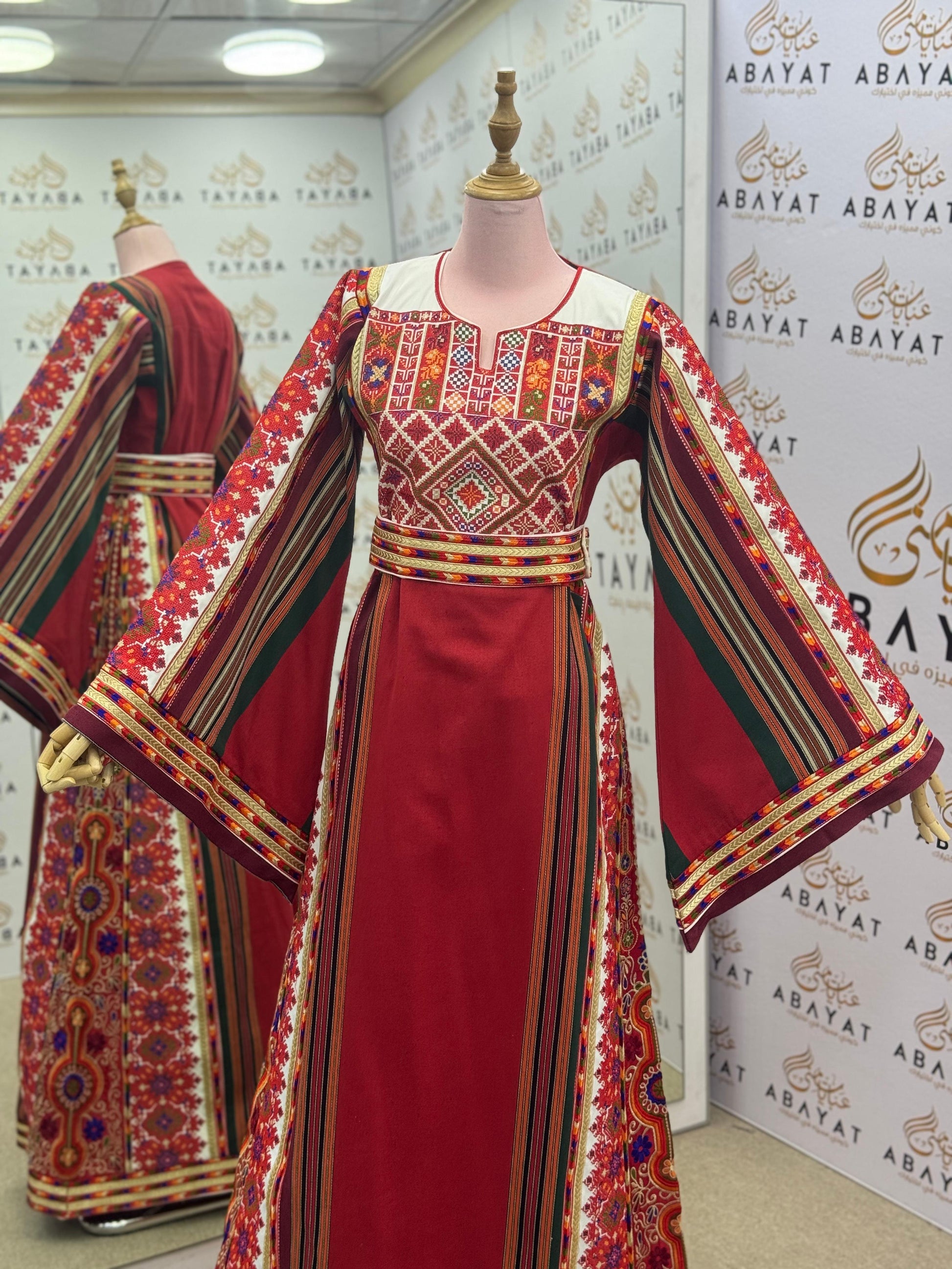 Palestinian Thobe – Red with Multicolor Embroidery & Stripes A09092025