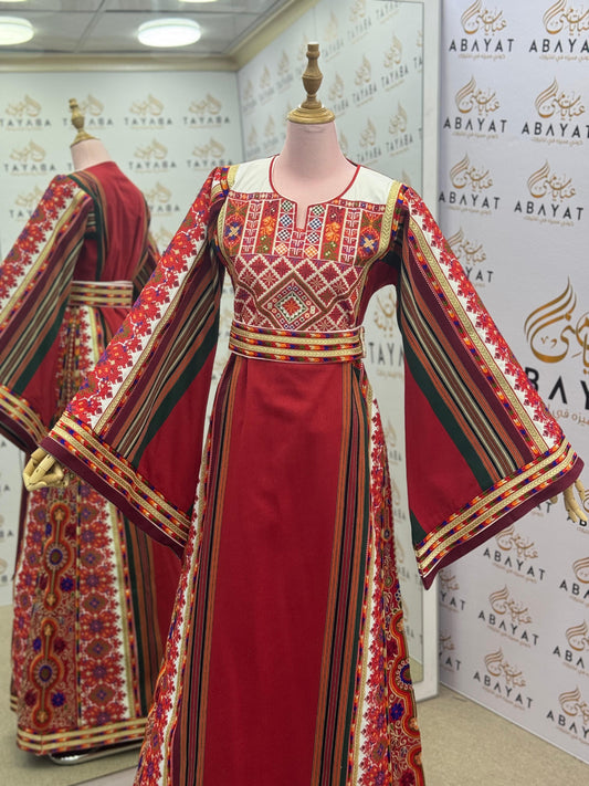 Palestinian Thobe – Red with Multicolor Embroidery & Stripes A09092025