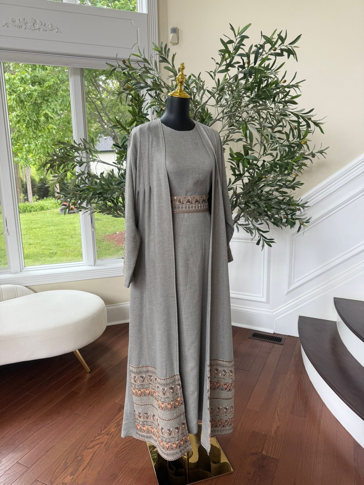 Elegant Soft Sage Tatreez Cardigan Abaya