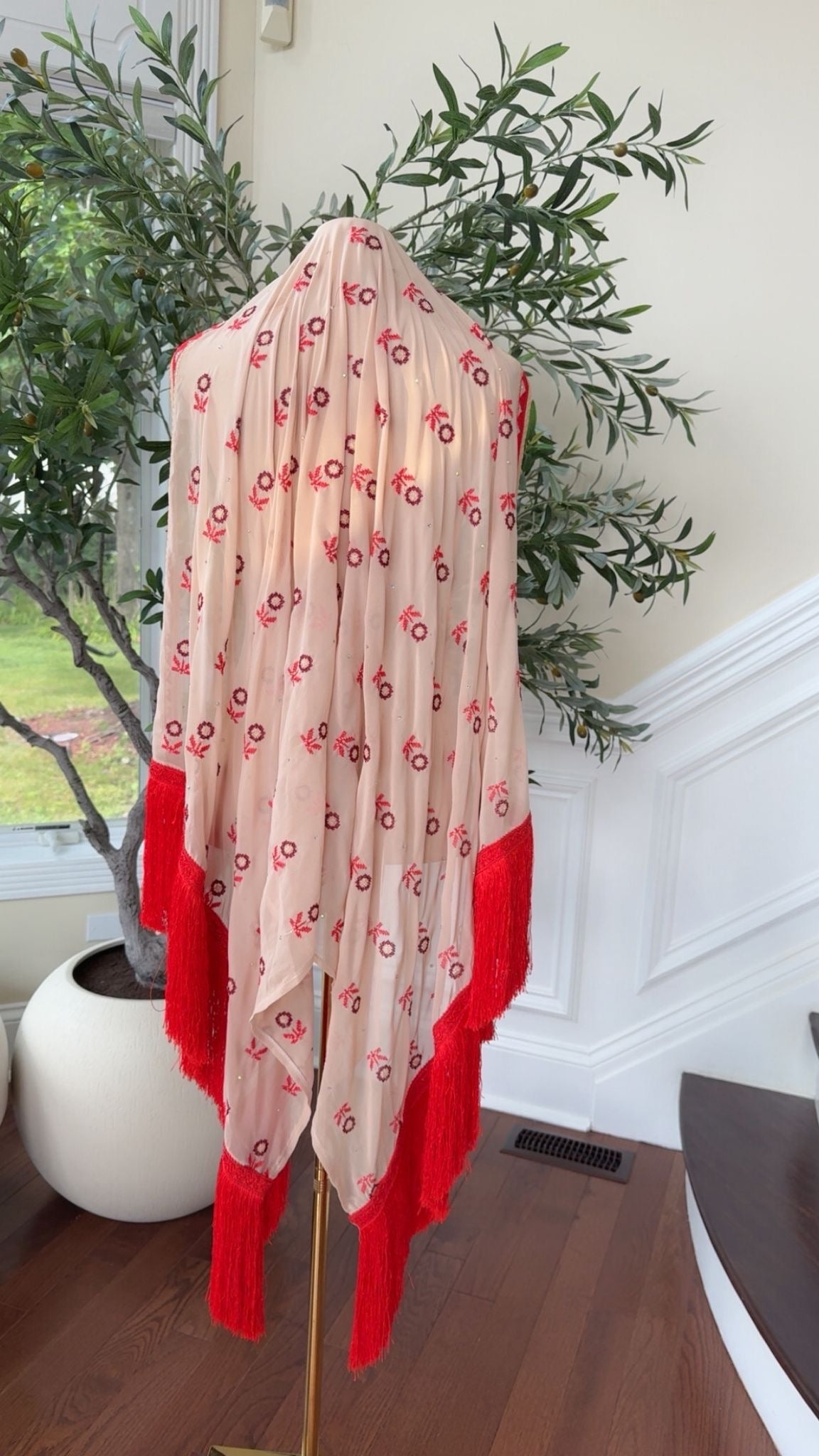 Cream/ Red Tatreez Khirka Shal