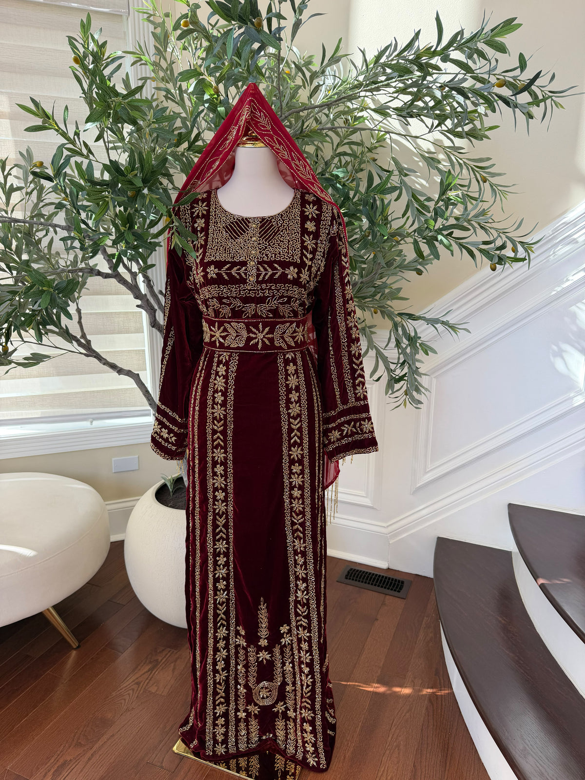 Elegant Burgundy Velvet Palestinian Thobe with Intricate Gold Embroidery( scarf not included)