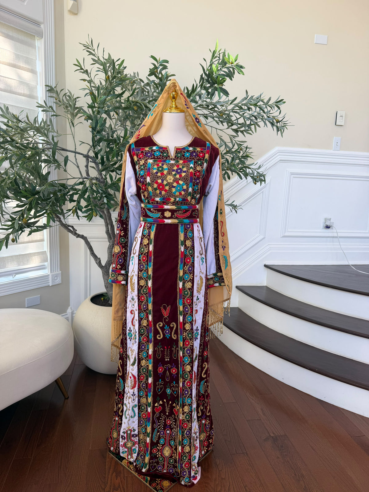 Elegant Burgundy Velvet Thobe with Colorful Embroidery and Matching Skirt included (scarf not included)