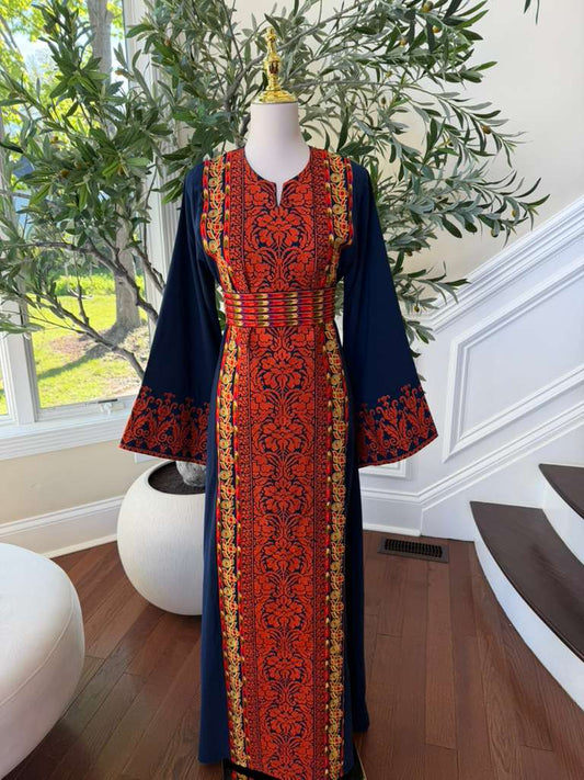 Blue Embroidery Red Tatreez Thobe