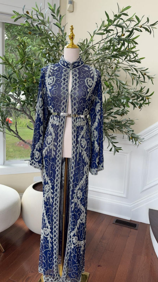 Blue Silver Beaded Abaya