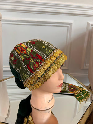 Olive Green Traditional Tatreez Coin Head Piece