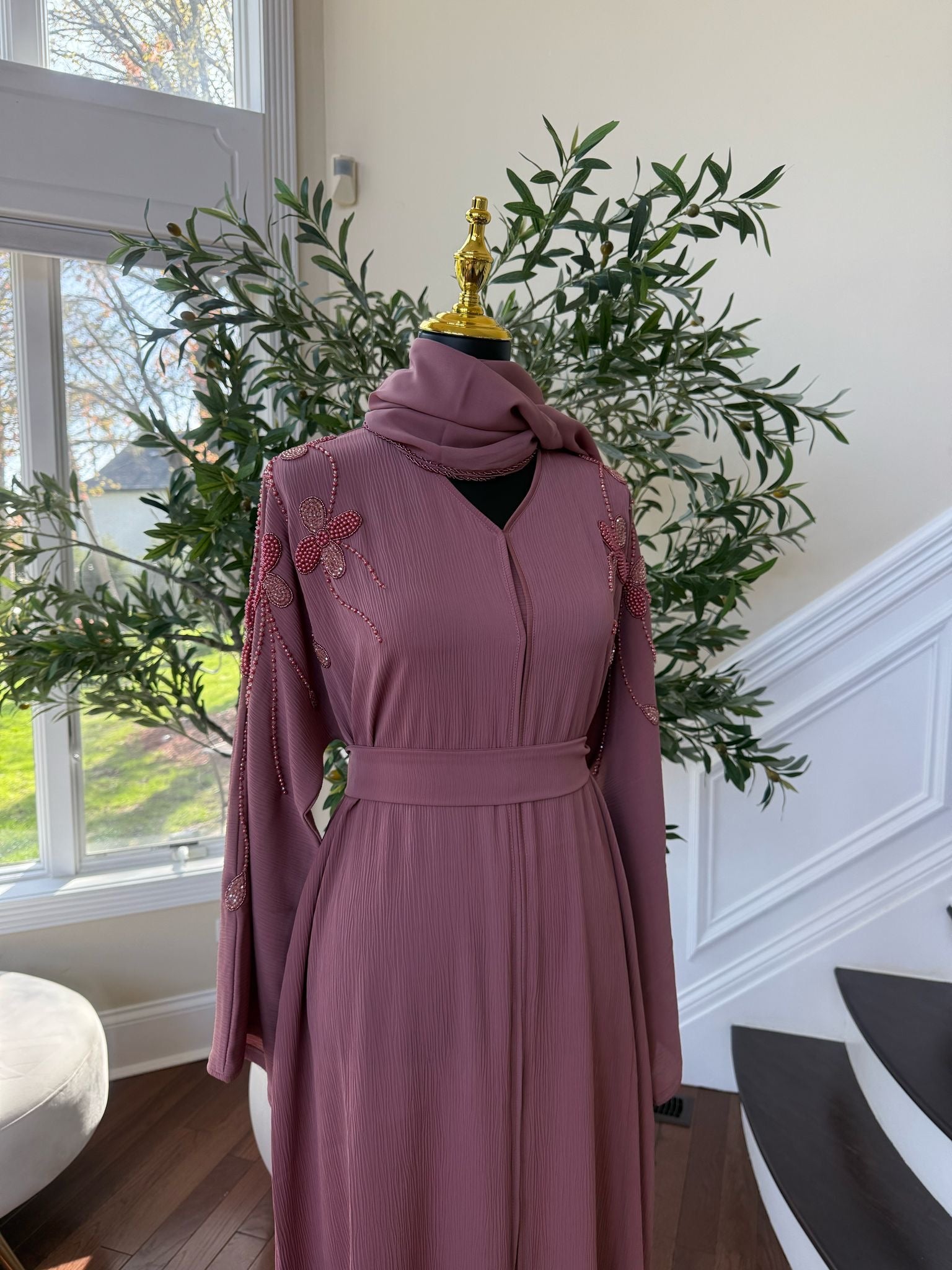 Rose Pink Beaded Abaya