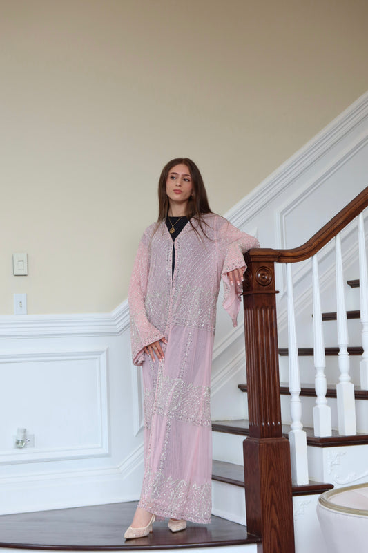 Pink Radiance Abaya – Crystal Elegance in Rose Glow