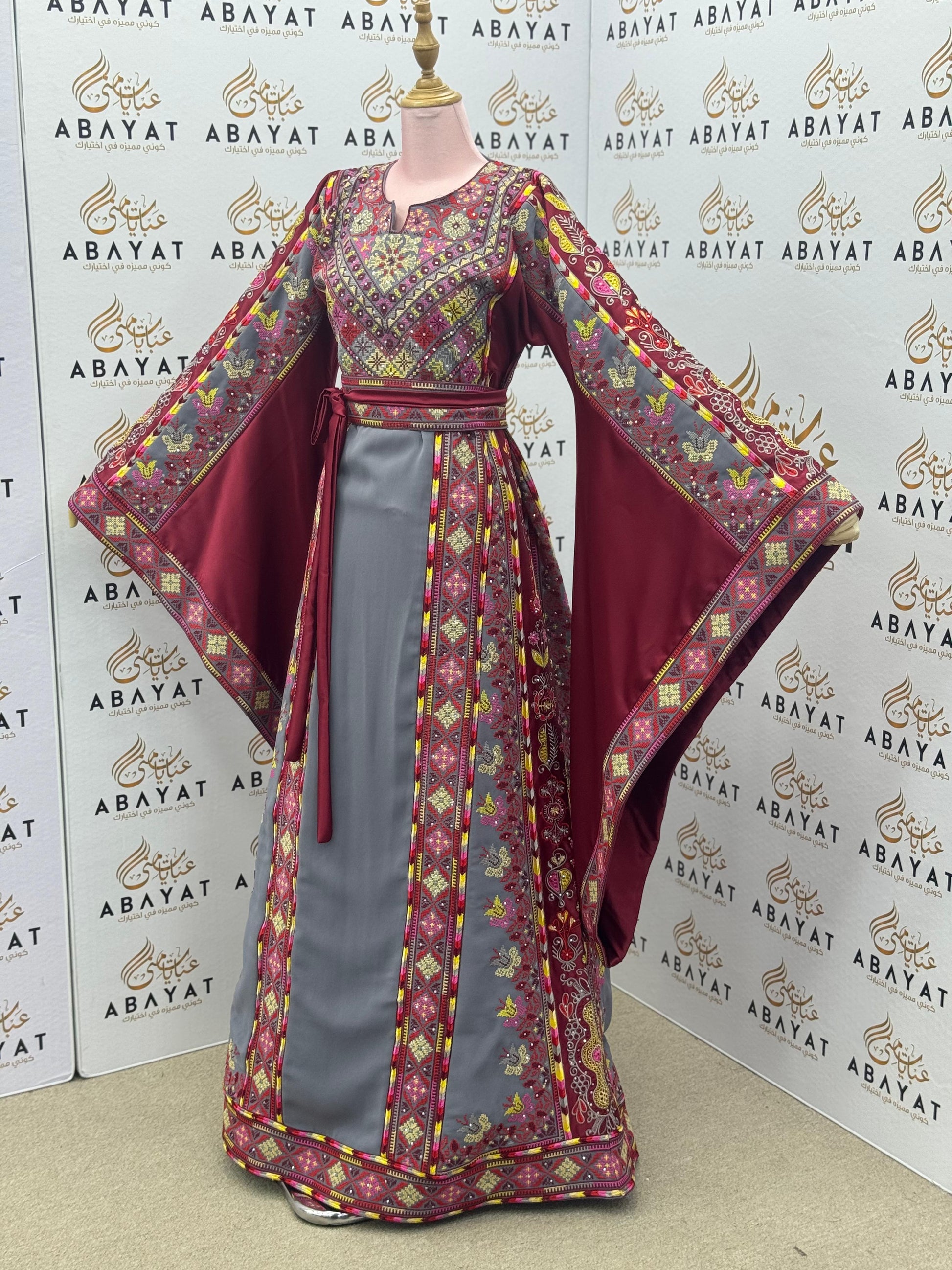 Maroon & Gray Palestinian Embroidered Thobe – Traditional Tatreez Maxi Dress A09042025
